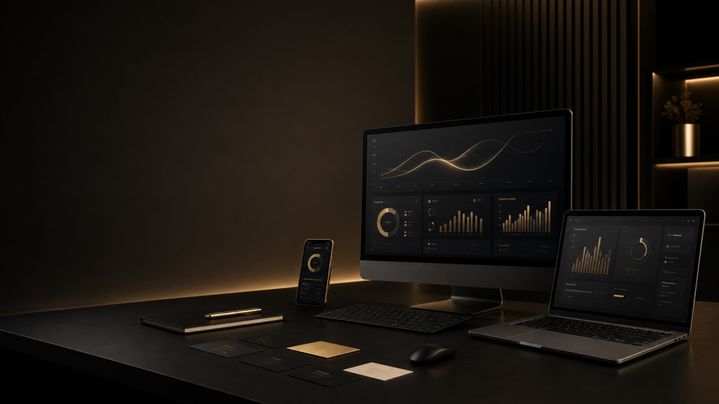 Premium OneHub.pro digital agency workspace with website, brand, and analytics visuals.