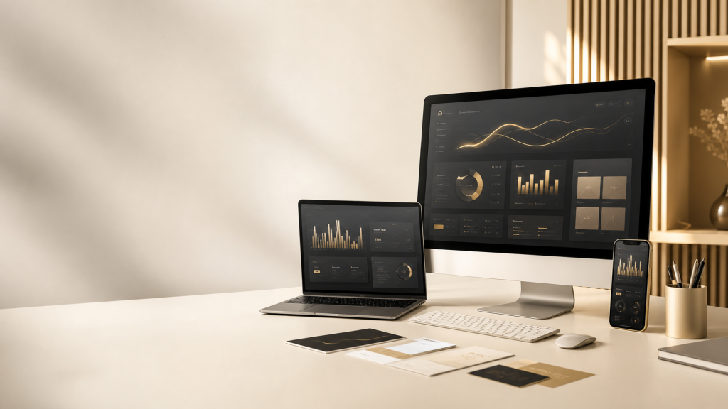 Premium OneHub.pro digital agency workspace with website, brand, and analytics visuals.